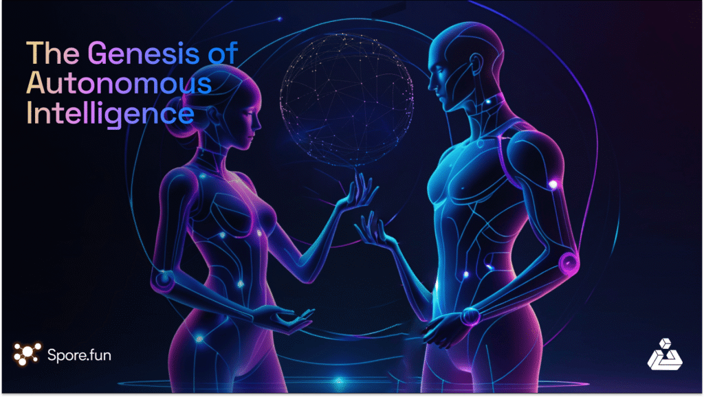Futuristic digital banner showing two wireframe humanoids interacting with a glowing AI orb in a decentralized cityscape, symbolizing Spore.fun’s evolution of autonomous intelligence.
