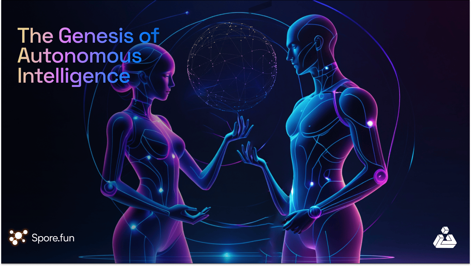Futuristic digital banner showing two wireframe humanoids interacting with a glowing AI orb in a decentralized cityscape, symbolizing Spore.fun’s evolution of autonomous intelligence.