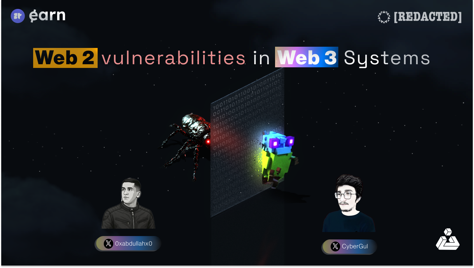 Cover image illustrating Web2 vulnerabilities affecting Web3 systems with two avatars, a digital wall, a cyber spider, and a voxel character.